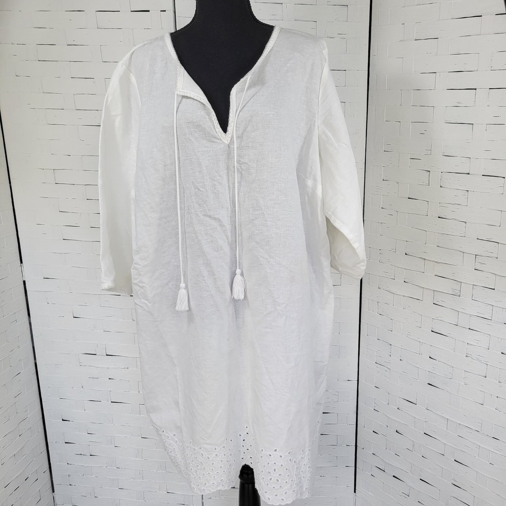Land's End White Womens Tunic Dress Coverup Eyelet Lace Linen Blend  2X
